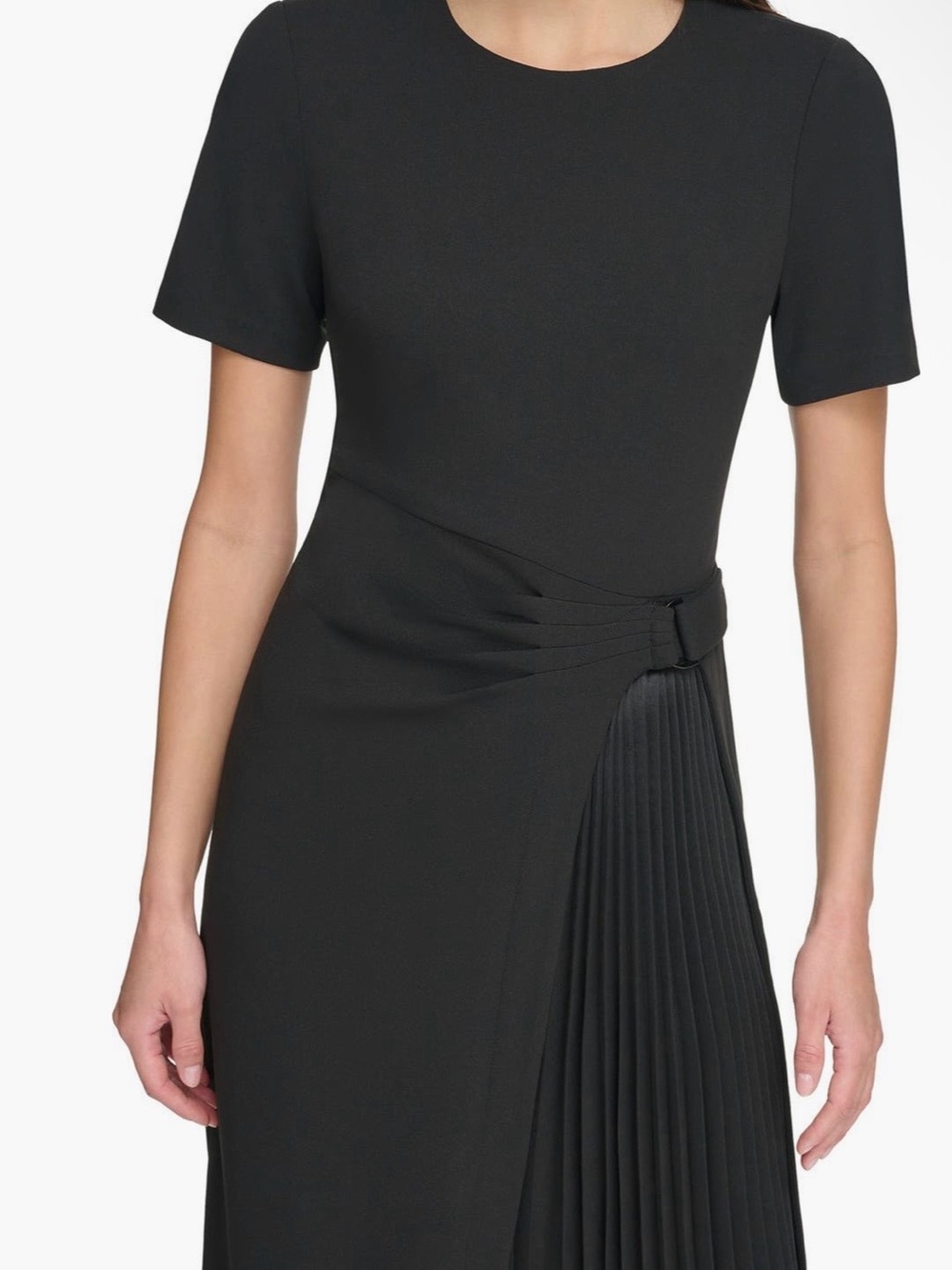 DKNY Black Short-Sleeve Midi Dress with Pleated Skirt Detail